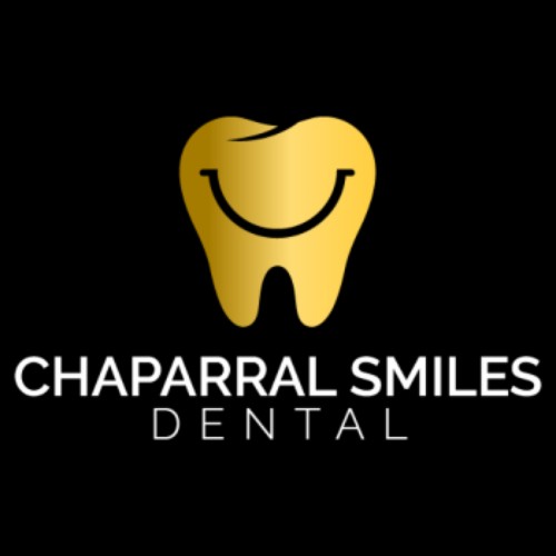 Chaparral Smiles Dental logo with a gold tooth icon and a smiling arc on a black background.