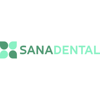 SANA DENTAL logo: teal leaf cluster icon on the left with green 'SANA DENTAL' text