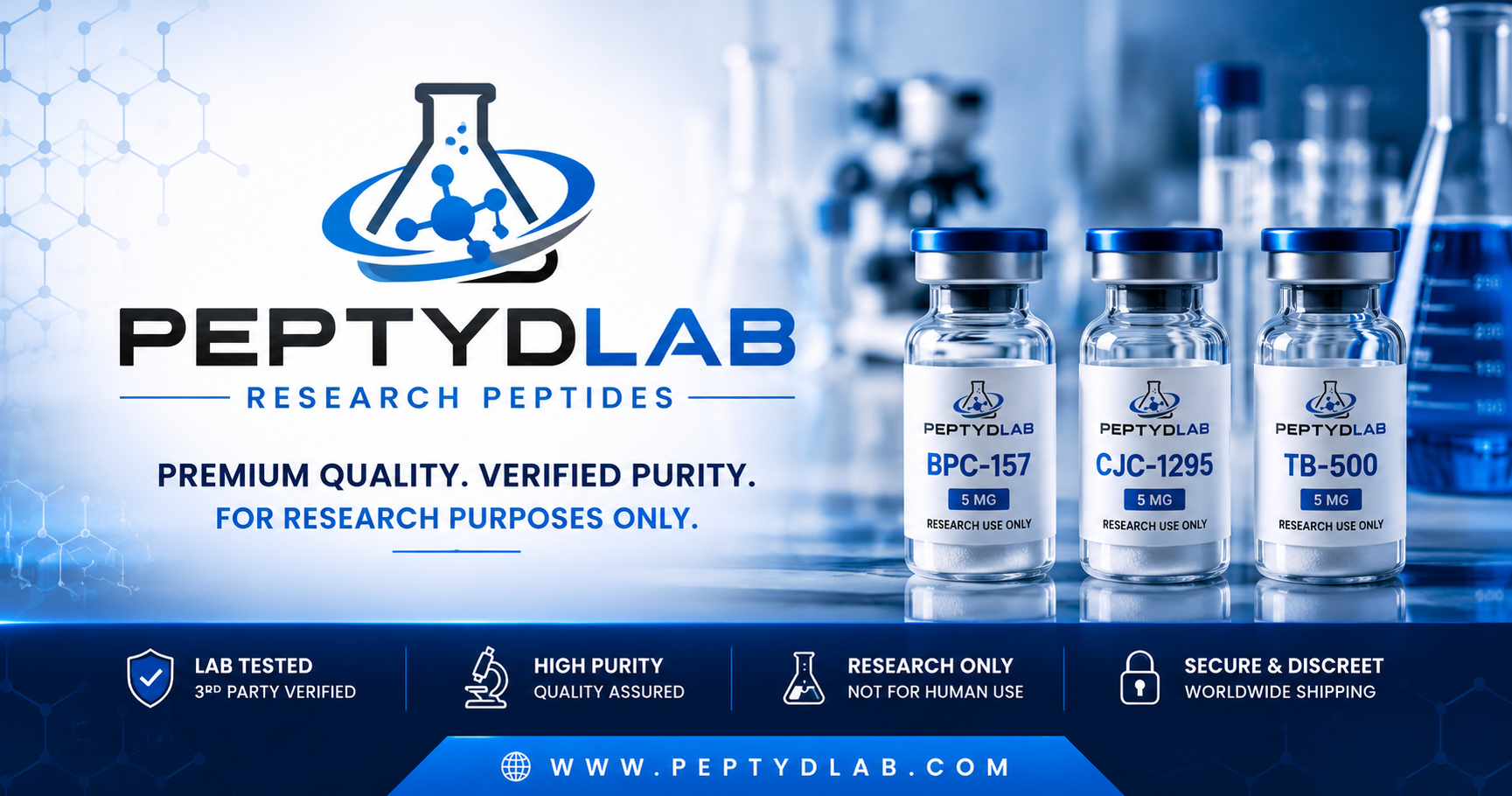 PeptydLab banner: three labeled peptide bottles in foreground with lab background and logo, ‘Research Peptides’ tagline visible.