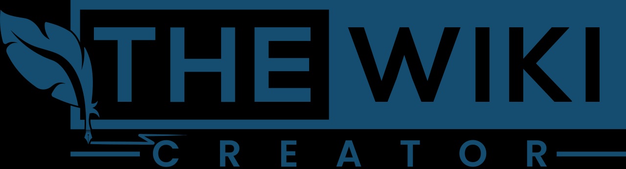 Logo for The Wiki Creator featuring a blue feather quill and bold, uppercase text on a blue/black background.