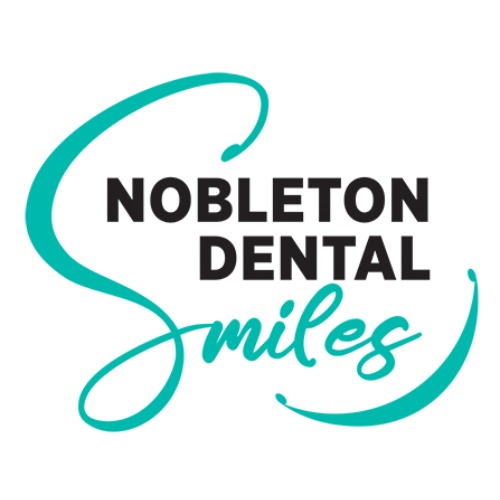 Logo for Nobleton Dental Smiles: bold black 'NOBLETON DENTAL' text with teal cursive 'Smiles' and teal swooshes around it.
