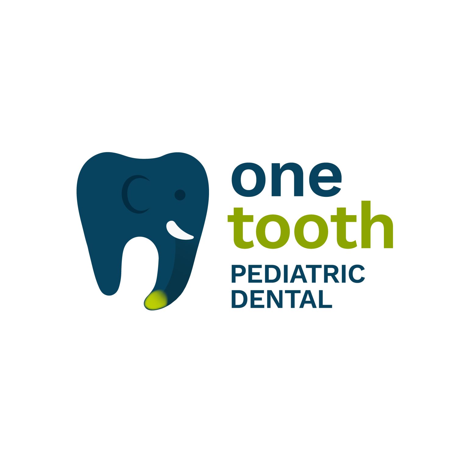 Logo for a pediatric dental practice featuring a blue elephant graphic and the words 'one tooth' in blue and green with 'PEDIATRIC DENTAL' text beneath.