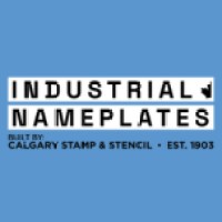 Industrial Nameplates logo on a blue background featuring bold black text 'INDUSTRIAL NAMEPLATES' with a small black arrow, plus the smaller line 'BUILT BY CALGARY STAMP & STENCIL • EST. 1903'.